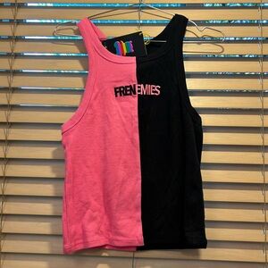 New Women’s Medium Teddy Fresh Frenemies Pink and Black Ribbed Cami Tank Top Tee